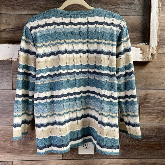 ALFRED DUNNER Womens Striped Pullover Open Knit Sweater Size Large Teal - Picture 2 of 5